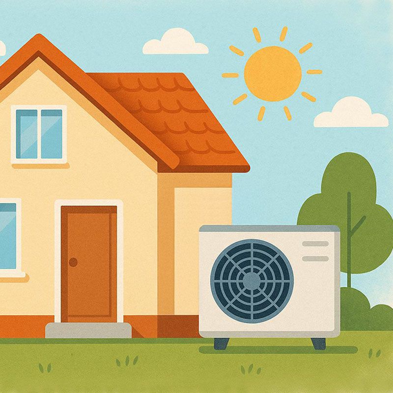 Moderne Wärmepumpe im Außenbereich eines Wohnhauses